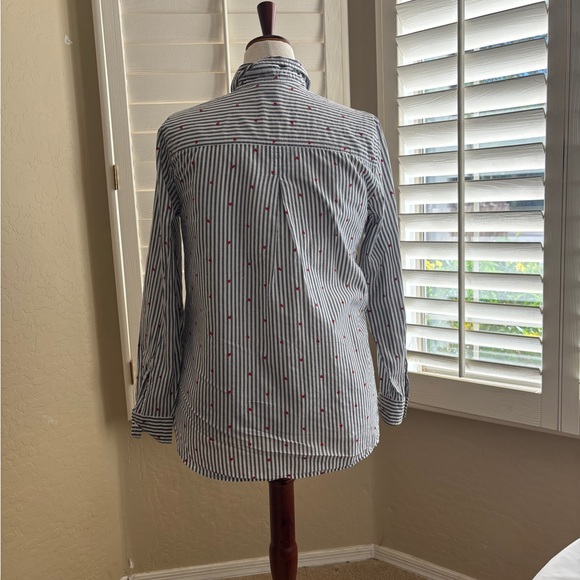 Old Navy Classic Collared LS Shirt Gray White Striped w/ Heart Pattern Women’s L - Picture 5 of 13